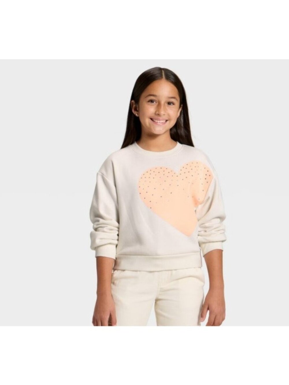 Cat & Jack Girls L 10/12 Cream Heart Rhinestone Fleece Pullover Sweatshirt NWT